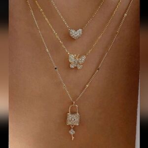 Gold Heart Butterfly Lock Pendant Layered Necklace